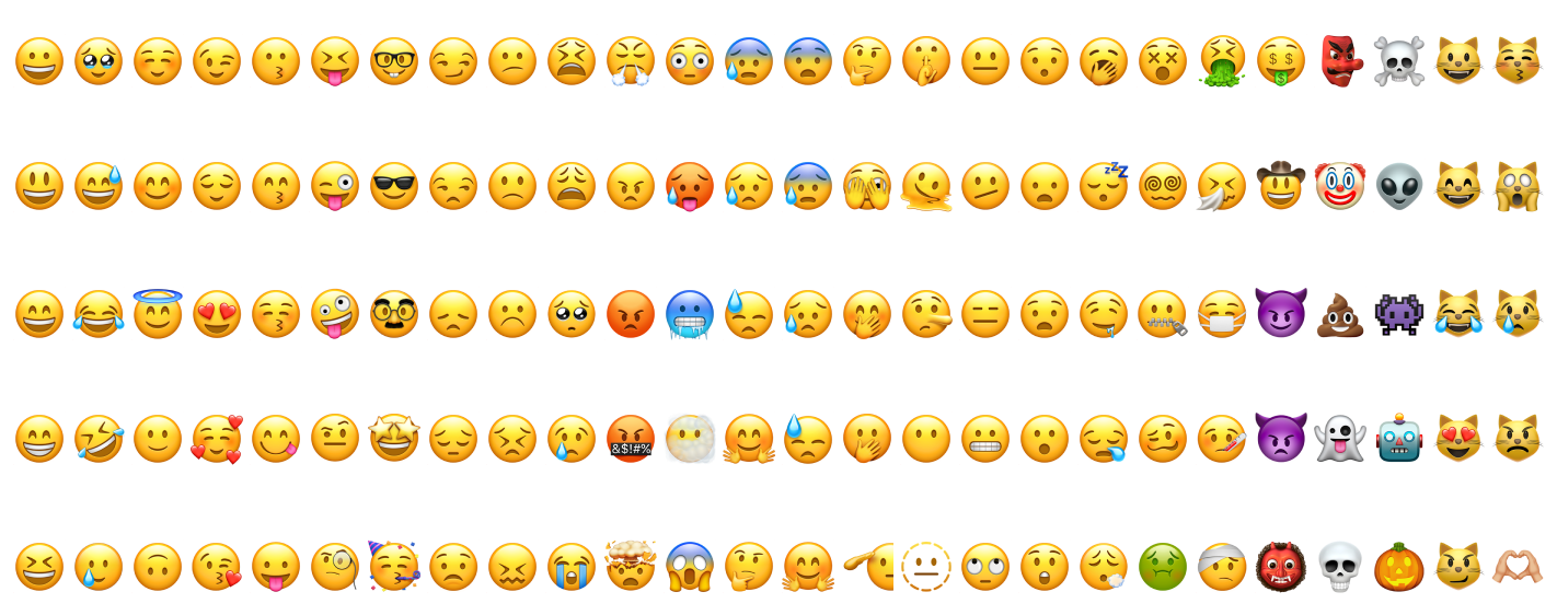 Comprehensive emoji system showing various emotional expressions for mood tracking and user sentiment analysis